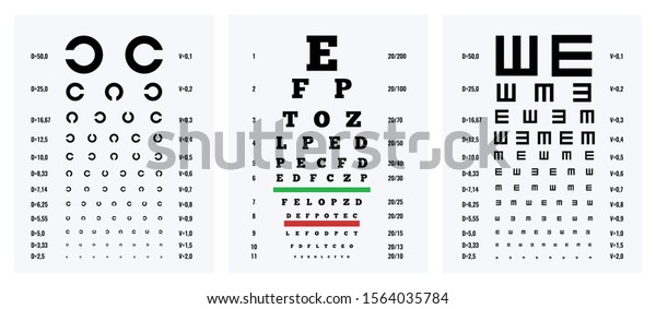 Eye test charts 3 medical realistic downloadable posters\
set to exam measure visual activity isolated vector illustration \
