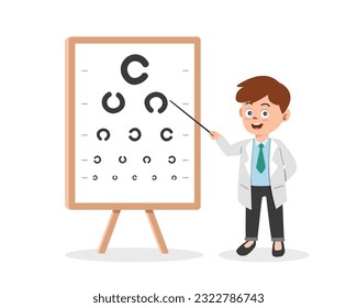Eye test clipart cartoon style. Ophthalmologist doctor pointing at eye test chart checking patient