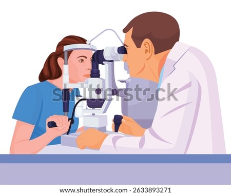Eye test machine, Eye exams and vision test, woman is looking into eye test machine