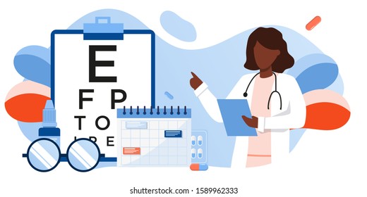 Eye test procedure and prescription glasses concept. Ophthalmology medical concept with glasses, eye examination, eye drop. Ophthalmologist online doctor eyesight check up. For banner, landing, flyer