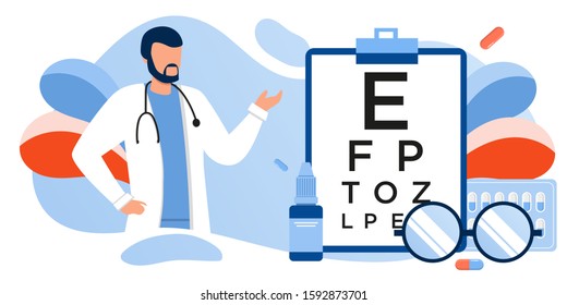 Eye test procedure and prescription glasses concept. Ophthalmology medical concept with glasses, eye examination, eye drop. Ophthalmologist online doctor eyesight check up. For banner, landing, flyer