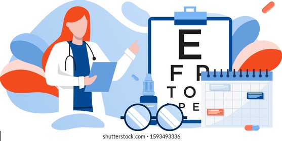 Eye test procedure and prescription glasses concept. Ophthalmology medical concept with glasses, eye examination, eye drop. Ophthalmologist online doctor eyesight check up. For banner, landing, flyer