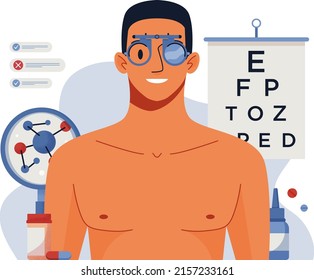 Eye test procedure and prescription glasses concept. Ophthalmology medical concept with glasses, eye examination, eye drop. Ophthalmologist doctor eyesight check up. For banner, landing, flyer
