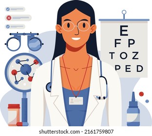 Eye test procedure and prescription glasses concept. Ophthalmology medical concept with glasses, eye examination, eye drop. Ophthalmologist doctor eyesight check up. For banner, landing, flyer