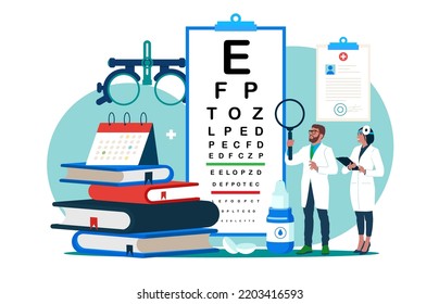 Eye test procedure and prescription glasses. Eye examination, eye drop. Ophthalmologist online doctor eyesight check up. Flat vector illustration.