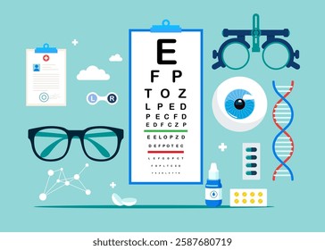 Eye test procedure and prescription glasses. Ophthalmology medical with glasses, eye examination, eye drop. Flat vector illustration.