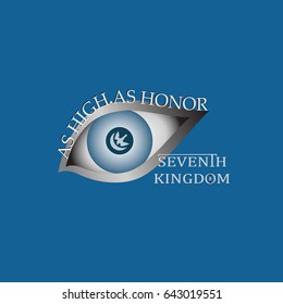 Eye And Text As High, As Honor. A Bird's-eye View. Decal, Emblem, Logo On A Red Background. Vector Image. Design For A Banner, A Poster, Textiles, Covers For Phones, A Website.