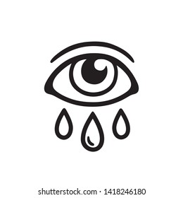 Eye with three tears, black and white drawing. Crying human eye and teardrop tattoo design. Isolated vector illustration.