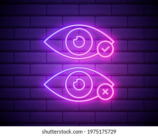 eye with tick and cross neon icon. Elements of media, press set. Simple icon for websites, web design, mobile app, info graphics isolated on brick wall.