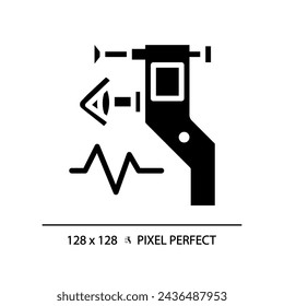 Eye tonometer pixel perfect black glyph icon. Ocular tonometry. Optical store. Vision test. Glaucoma treatment. Silhouette symbol on white space. Solid pictogram. Vector isolated illustration