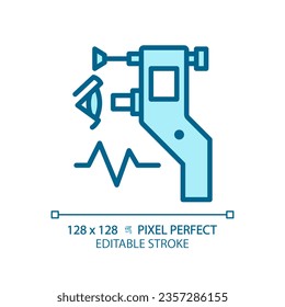 Eye tonometer pixel perfect light blue icon. Ocular tonometry. Optical store. Glaucoma treatment. RGB color sign. Simple design. Web symbol. Contour line. Flat illustration. Isolated object