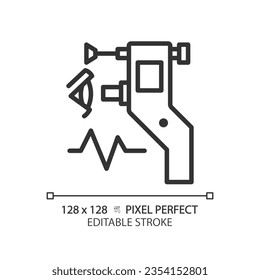 Eye tonometer pixel perfect linear icon. Ocular tonometry. Optical store. Vision test. Glaucoma treatment. Thin line illustration. Contour symbol. Vector outline drawing. Editable stroke