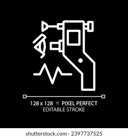 Eye tonometer pixel perfect white linear icon for dark theme. Ocular tonometry. Optical store. Vision test. Glaucoma treatment. Thin line illustration. Isolated symbol for night mode. Editable stroke