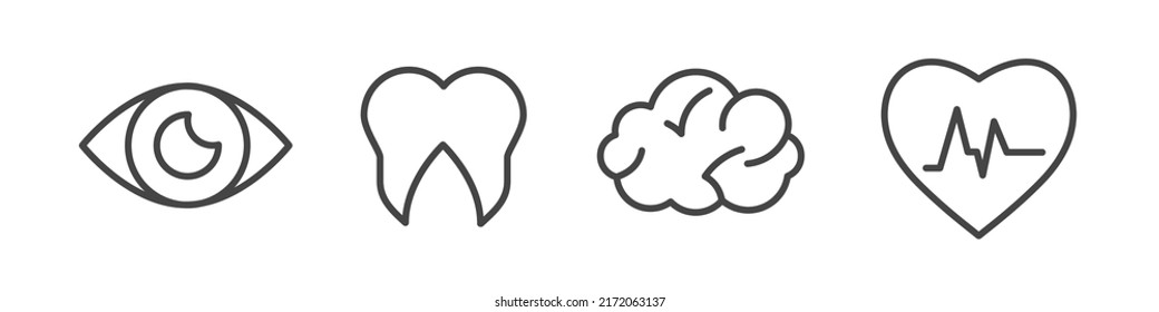 Eye and tooth, brain and heart. Ophthalmologist, dentist, MRI, cardiologist. Four medicine related outline icons. Vector illustration