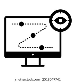 Seguimiento ocular. Pantalla de ordenador con la trayectoria punteada de la mirada y el símbolo del ojo en estilo plano. Icono de movimiento ocular.