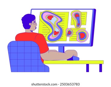 Eye tracking heatmap cartoon flat illustration. Arab man consumer looking on computer screen heat map 2D character isolated on white background. Neuromarketing technique scene vector color image