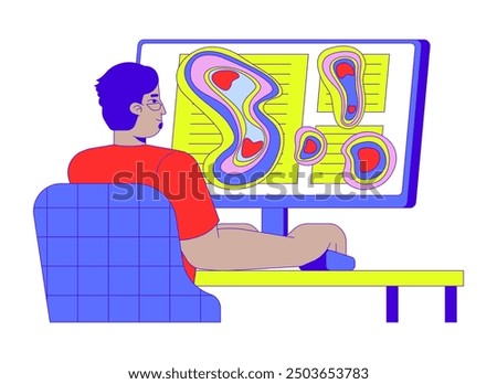 Eye tracking heatmap cartoon flat illustration. Arab man consumer looking on computer screen heat map 2D character isolated on white background. Neuromarketing technique scene vector color image