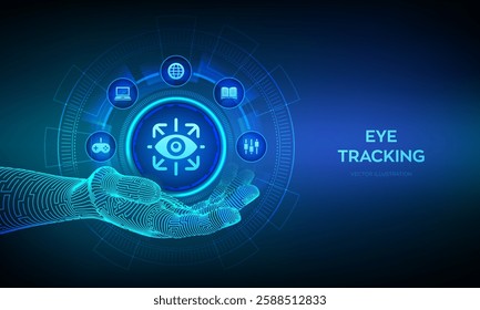 Eye tracking icon in wireframe hand. Cyber eye. Gesture recognition sensor. Emotion detection, hands-free control, motion tracking artificial intelligence technology concept. Vector illustration.