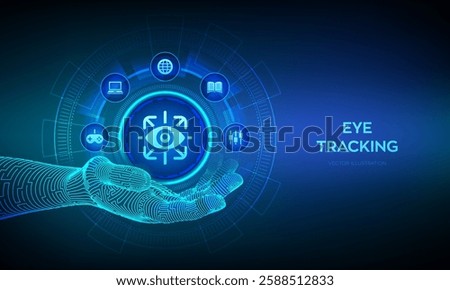 Eye tracking icon in wireframe hand. Cyber eye. Gesture recognition sensor. Emotion detection, hands-free control, motion tracking artificial intelligence technology concept. Vector illustration.