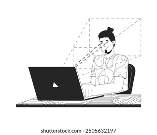 Eye Tracking Software schwarz-weiß 2D-Illustrationskonzept. Kaukasische Mann Blick auf Laptop Umrissfigur isoliert. Augenerkennung. Gaze Tracker Technologie Metapher monochrome Vektorgrafik