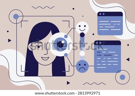 Eye tracking system scanning a woman's face to analyze emotional responses and display user experience data.