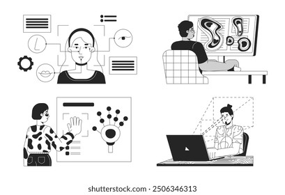 Conjunto de conceptos de ilustración 2D en blanco y negro de biometría de tecnología de seguimiento ocular. Diversos ciudadanos digitales esbozan personajes aislados. Escaneo facial, metáforas de mapa de calor colección de Arte vectorial monocromo