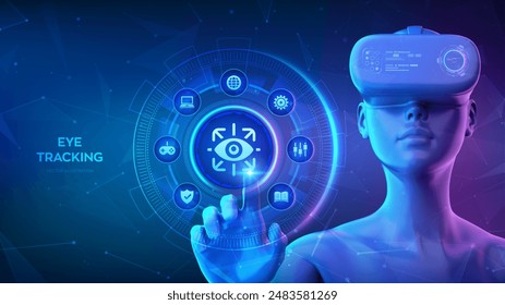 Eye tracking technology concept. Gesture recognition sensor. Emotion detection, hands-free control, motion tracking. Girl wearing VR headset glasses touching digital interface. Vector illustration.