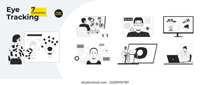Eye tracking and UX testing technology outline illustrations mega bundle. Heatmaps, gaze mapping, user experience analysis 2D linear images isolated. Collection black and white vector drawings
