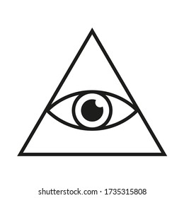 Eye in triangle. All seeing eye pyramid. Illuminati mason symbol.  Isolated vector illustration.