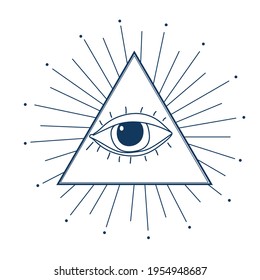 The eye in the triangle. All-seeing eye inside the pyramid, sunbeams around. Astrological and occult sign, spirituality. Magical sacred symbol, boho print for fabric print, t-shirts, wall poster.