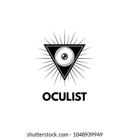 Eye in triangle icon. Ophthalmology symbol. Vector logo illustration. Oculist inscription.