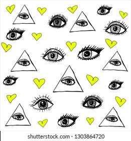 
eye in the triangle, masson zodiac. pattern vector illustration eyes, freehand, hearts
