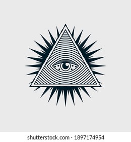 Eye in the triangle, pyramid vector icon. The sign of the third all-seeing eye. Esoteric symbol of intuition. Human design, yoga, hindu. Conspiracy theory of masons illustration