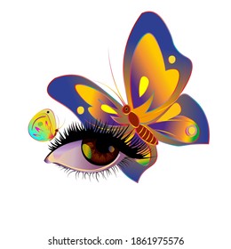 ojo y dos mariposas de colores sobre un fondo transparente