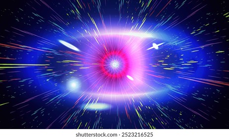 The eye of universe abstract background design. Starburst of Galaxy, Quantum physics, Time travel, Cosmic explosion