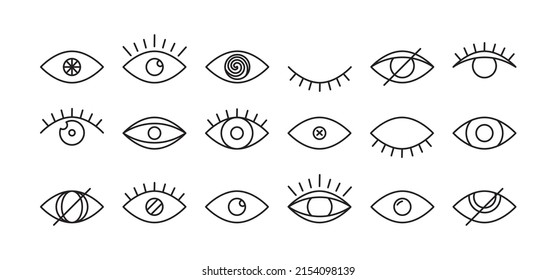 Eye vector icon, eyeball set, vision outline symbol, look pictogram different shape isolated on white background. Black simple illustration