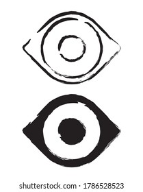 Eye vector icon. Optic eyesight and look symbol. View or watch sign. Optician logo. Painted ink drawing style. Isolated on white background.