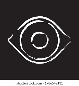 Eye vector icon. Optic eyesight and look symbol. View or watch sign. Optician logo. Painted ink drawing style. Isolated on black background.