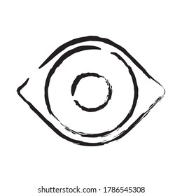 Eye vector icon. Optic eyesight and look symbol. View or watch sign. Optician logo. Painted ink drawing style. Isolated on white background.