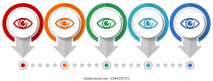 Eye vector icon set, flat design infographic template, set pointer concept icons in 5 color options for webdesign and mobile applications