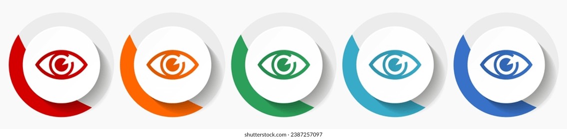 Eye vector icon set, flat design colorful round icons in 5 color options for webdesign and mobile applications