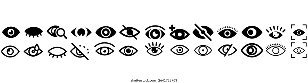 Eye vector icon set. Human eyes illustration sign collection. vision and view symbols. Eye icons. Visible, sleep and medicine supervision observe, lens or cry symbols set.