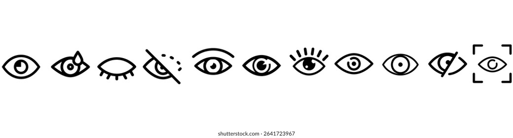 Eye vector icon set. Human eyes illustration sign collection. vision and view symbols. Eye icons. Visible, sleep and medicine supervision observe, lens or cry symbols set.