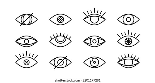 Eye vector icon, vision line symbol, eyeball outline pictogram, simple view set, look sign, see, black pictogram different shape isolated on white background. Editable stroke. Simple illustration