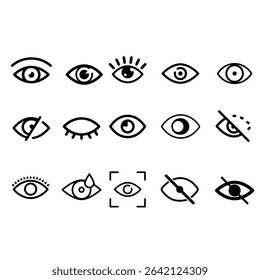Eye vector icons. Human eyes, vision and view illustration signs. Eye icon. Visible, sleep and medicine 
supervision observe, lens or cry symbols set.