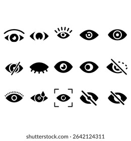 Eye vector icons. Human eyes, vision and view illustration signs. Eye icon. Visible, sleep and medicine 
supervision observe, lens or cry symbols set.