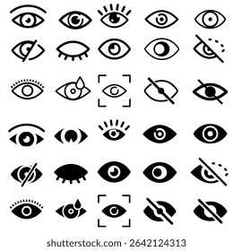 Eye vector icons. Human eyes, vision and view illustration signs. Eye icon. Visible, sleep and medicine 
supervision observe, lens or cry symbols set.