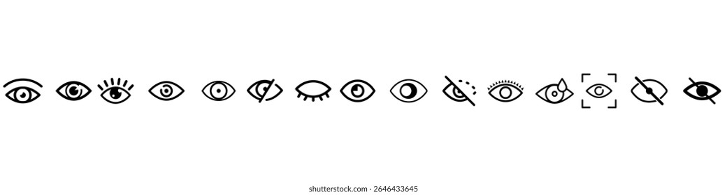 Eye vector icons. Human eyes, vision and view illustration signs. Eye icon. Visible, sleep and medicine supervision observe, lens or cry symbols set.