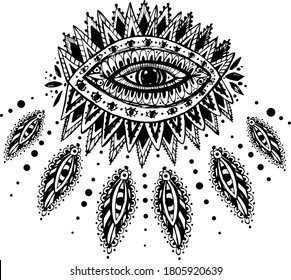 Eye vector illustration. Hand drawn mystical sketch design. Black and white line. Hippie doodle style