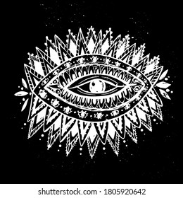 Eye vector illustration. Hand drawn mystical sketch design. Black and white line. Hippie doodle style